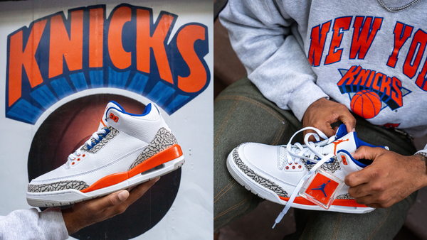 Air Jordan 3 'Knicks' in white leather with University Orange and Old Royal blue accents.
