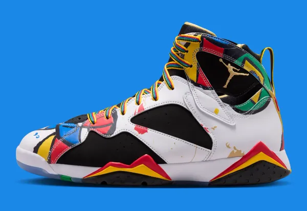 Air Jordan 7 Miro 2026 in white leather with multi-color Joan Miró-inspired splatter