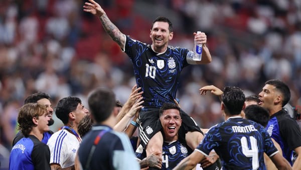 Argentina players celebrate during their 2-1 World Cup semifinal win over England in Atlanta.