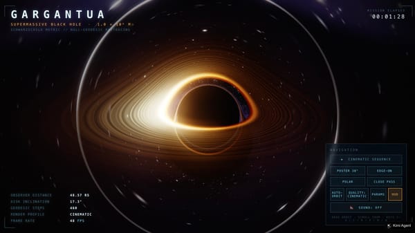 A browser-based supermassive black hole simulation labeled GARGANTUA, with an orange accretion disk and an onscreen navigation panel.