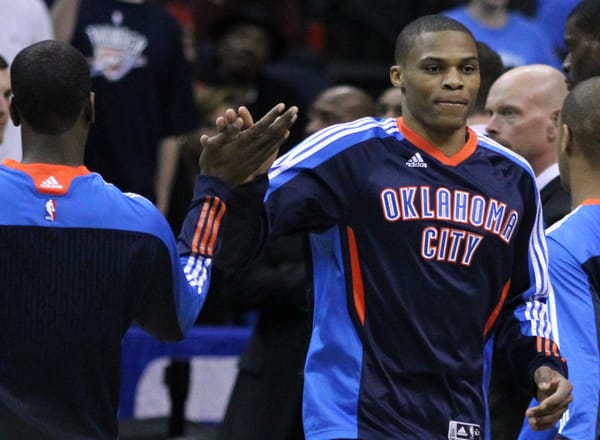 Russell Westbrook in uniform during an NBA game