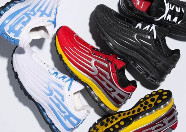 Three colorways of the Supreme x Nike Air Max 2001 Air Ecstasy in black, white and university red