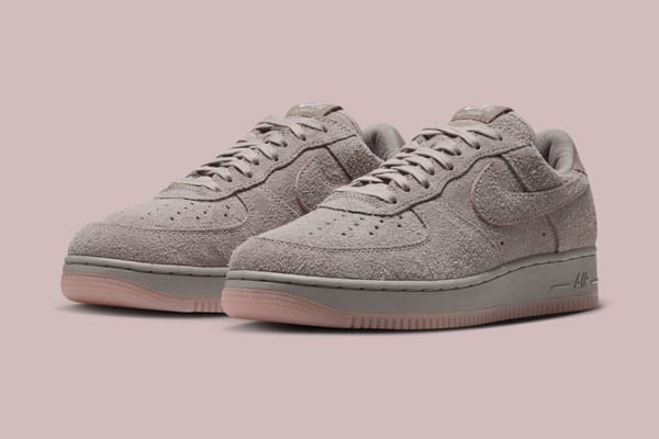 Pair of Nike Air Force 1 Low '01 Subway Rat sneakers in shaggy College Grey suede with Pink Glaze outsoles