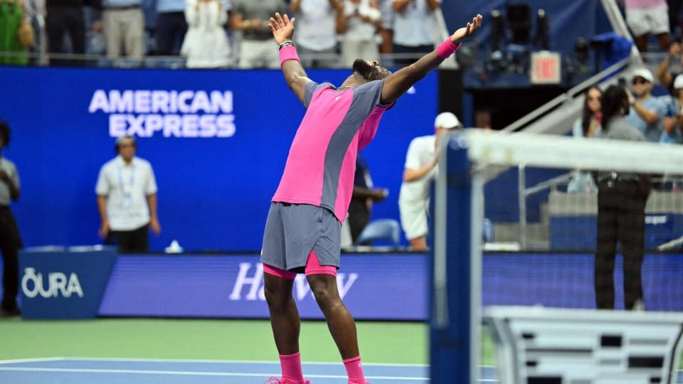 Frances Tiafoe celebrating his 2026 US Open quarterfinal win over Alex Michelsen